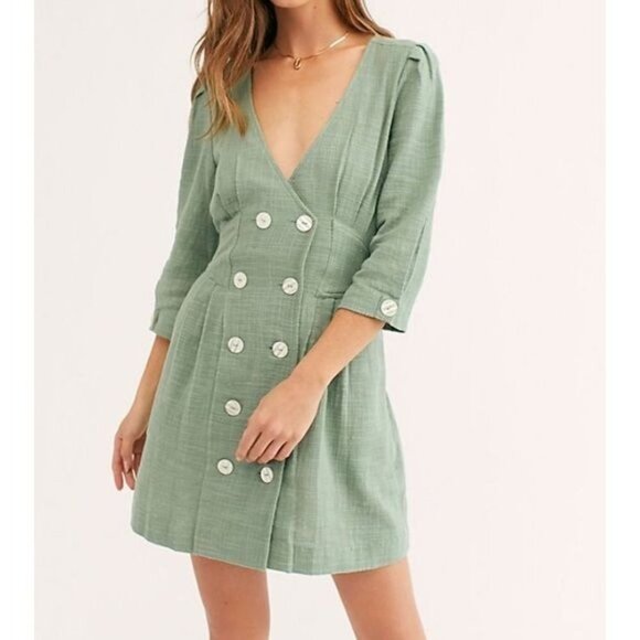 Free People Women's Madeline Double Breasted Mini Dress Plunging V-Neck Green XS - Picture 1 of 6